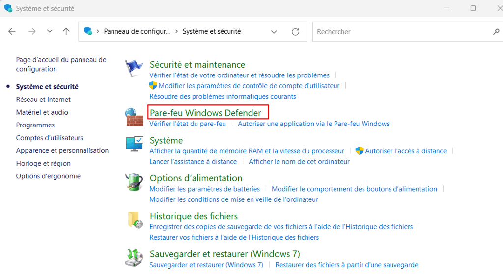 S&eacute;lectionner Pare-feu Windows Defender Firewall dans l'interface Syst&egrave;me et s&eacute;curit&eacute; de Windows.