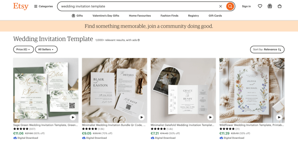 Modèles d'invitations de mariage sur Etsy