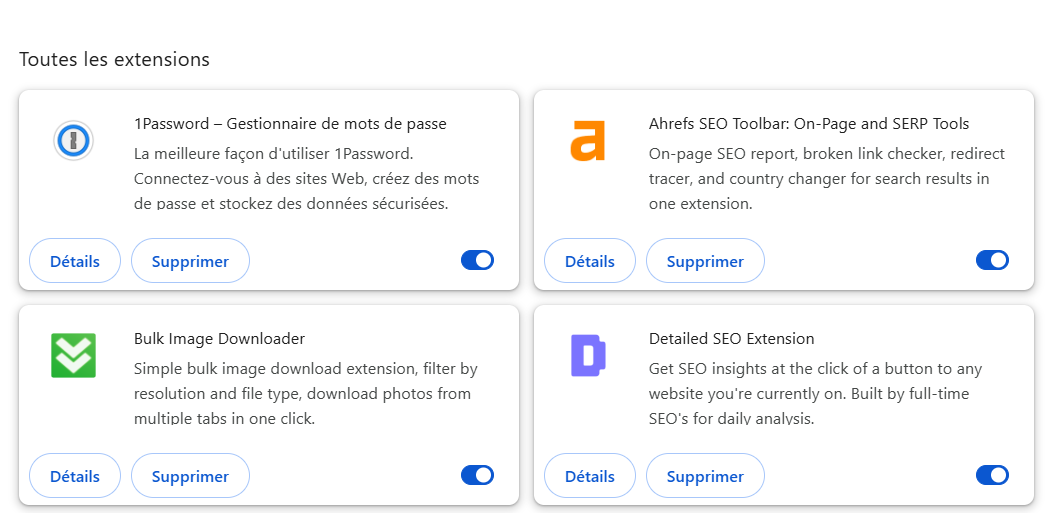 La liste des extensions installées dans Chrome