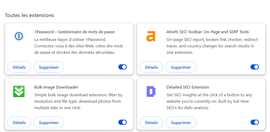 La liste des extensions installées dans Chrome