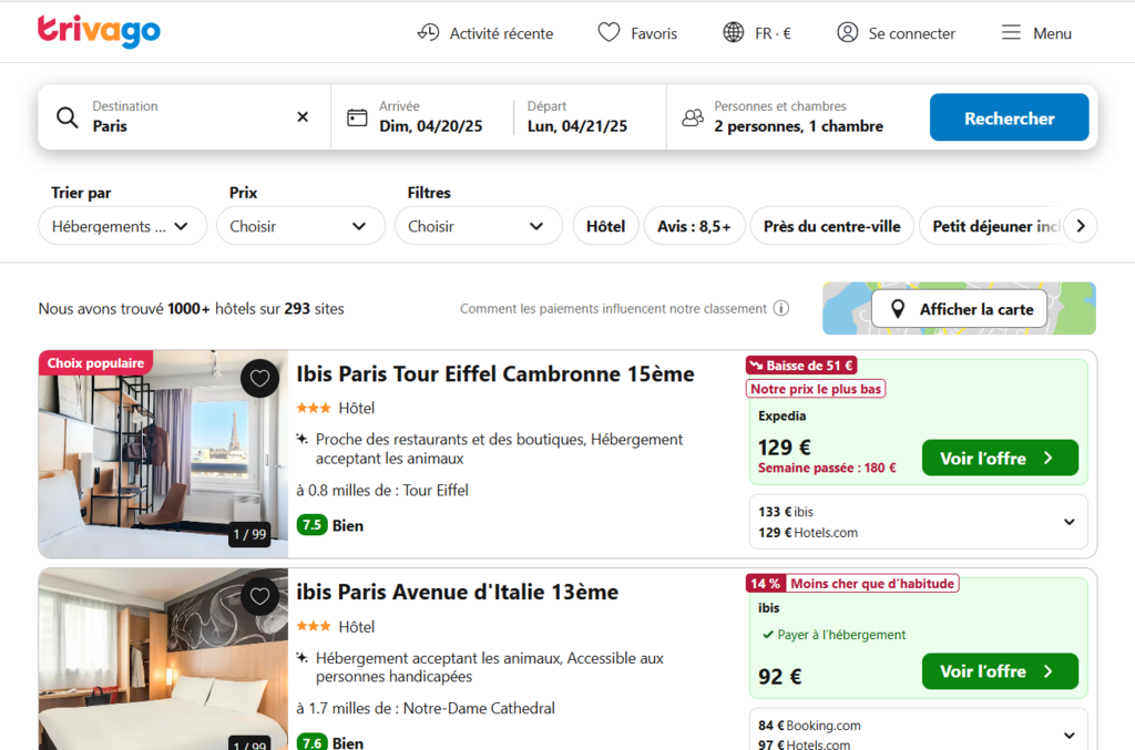 Recherche d'h&ocirc;tels sur Trivago qui affiche les r&eacute;sultats gr&acirc;ce &agrave; des partenariats d'affiliation avec des plateformes de r&eacute;servation.