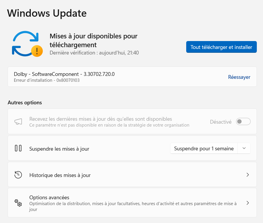 L'option Tout télécharger et installer dans Windows