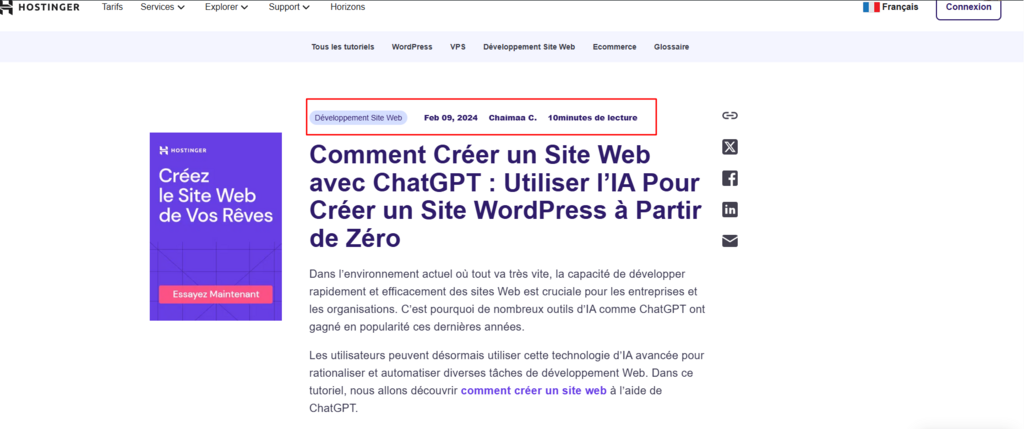 Capture d'écran d'un article des tutoriels Hostinger mettant en évidence les métadonnées de l'article.