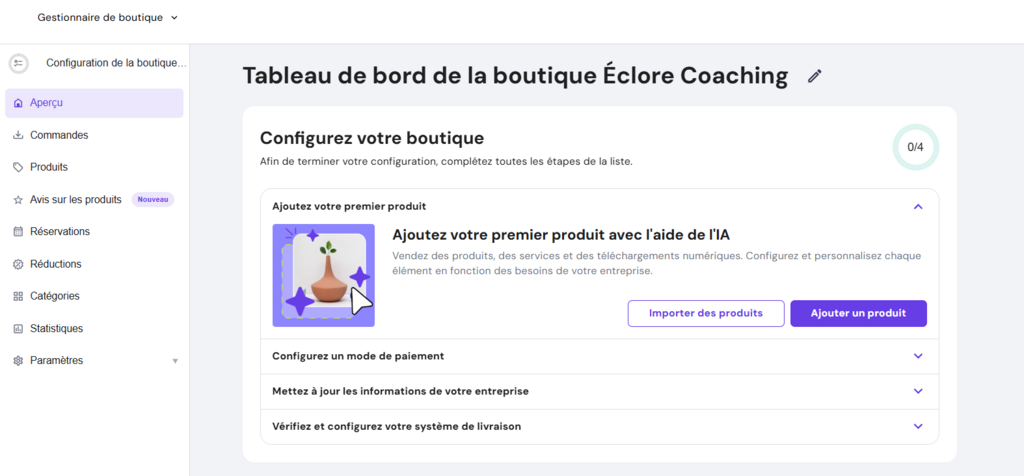 Tableau de bord du gestionnaire de boutique du créateur de sites Web Hostinger