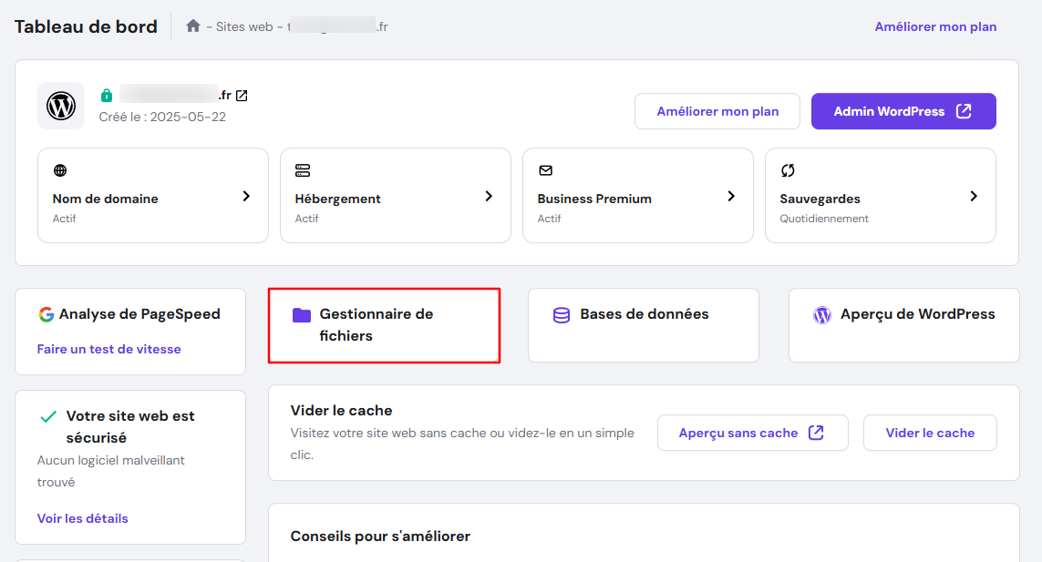 Tableau de bord hPanel, gestionnaire de fichiers mis en évidence