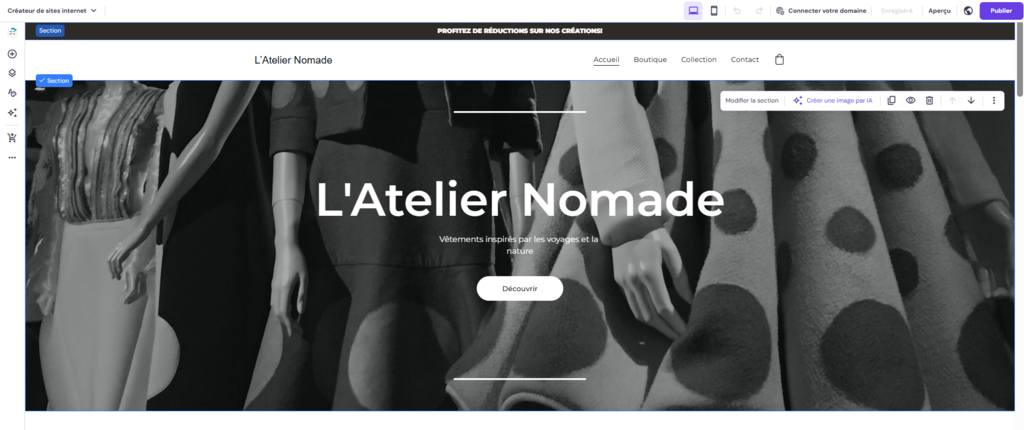 Exemple d'un bouton d'action placé sur une page dans le créateur de sites Hostinger