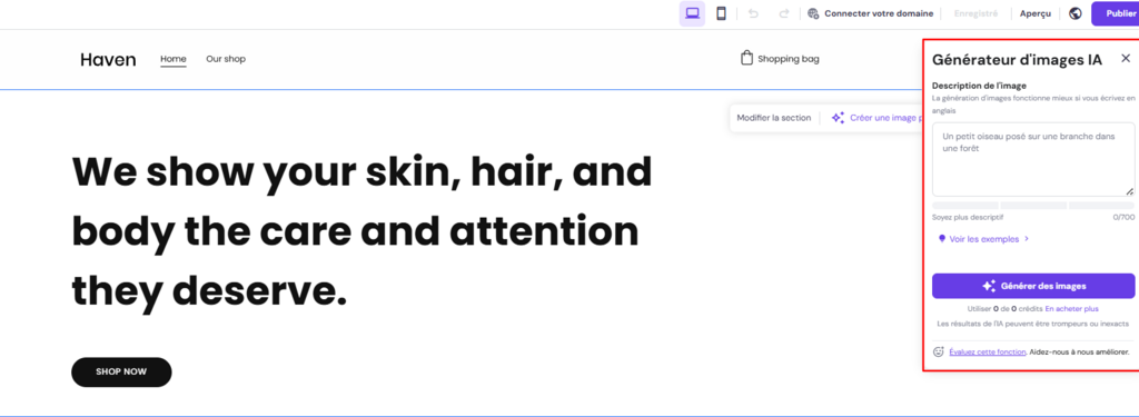 Générateur d'images IA du créateur de sites Hostinger