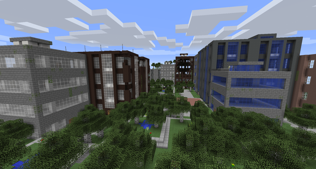 Image Minecraft montrant une ville abandonn&eacute;e avec des gratte-ciel et des arbres occupant l'espace entre eux.