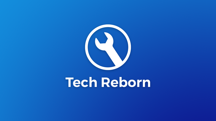 Fond bleu avec le texte « Tech reborn » et le logo représentant une clé à molette à l'intérieur d'un cercle