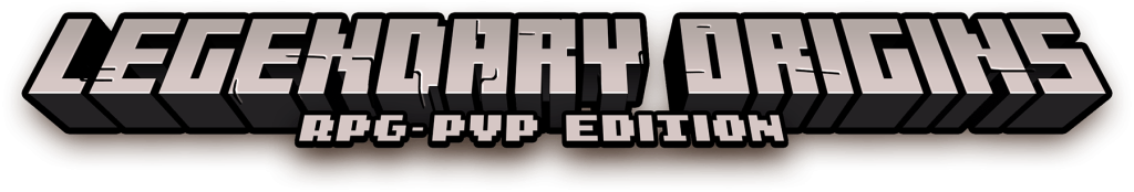 Texte « Legendary Origins RPG-PVP edition » écrit dans une police pixélisée avec une longue ombre