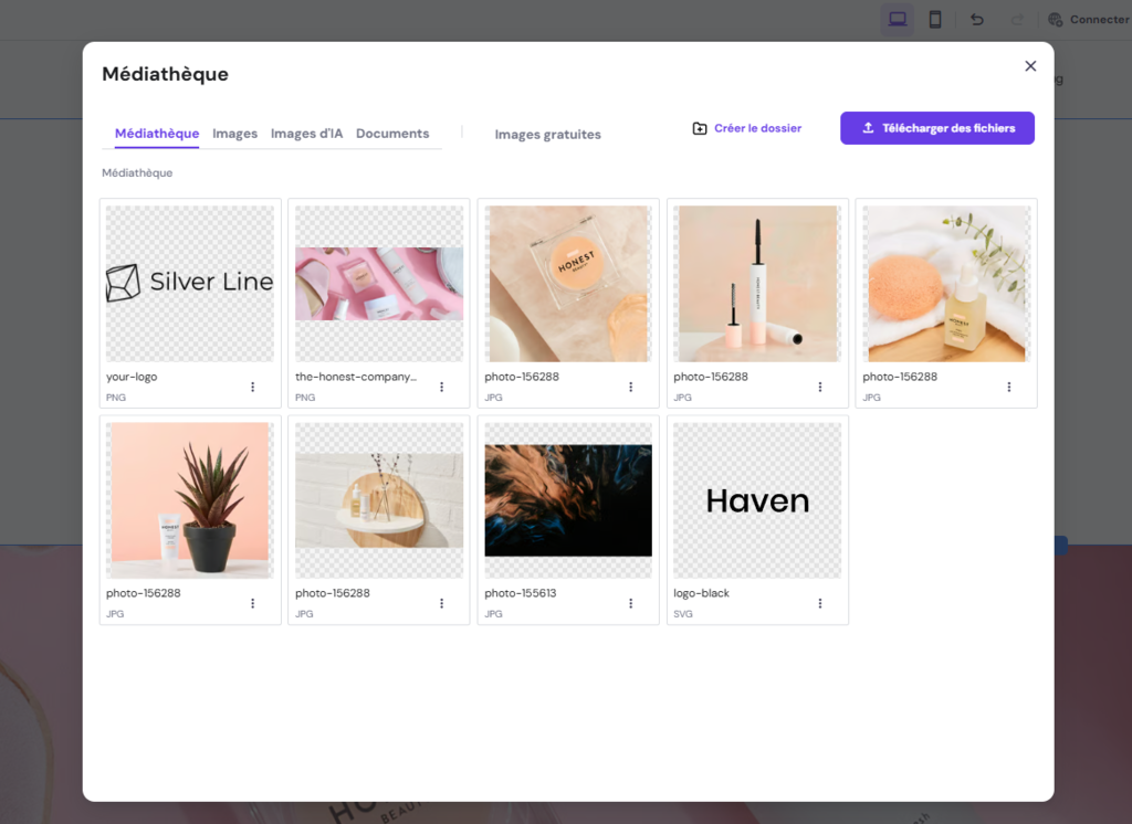 Bibliothèque multimédia du créateur de site Hostinger 