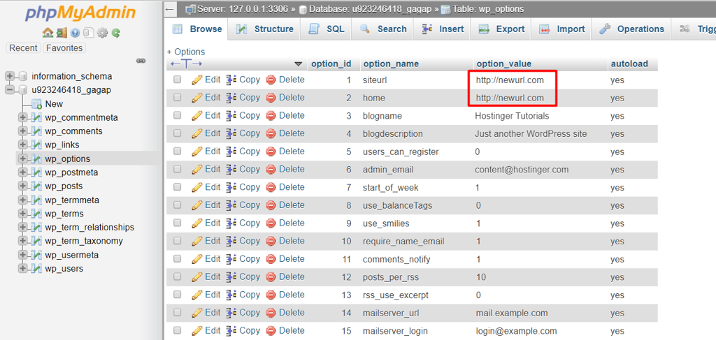 Les nouvelles URL dans la table wp_options