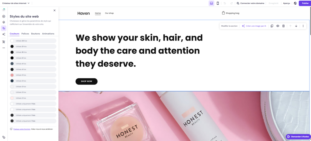 Menu de styles du site web du créateur de sites Hostinger