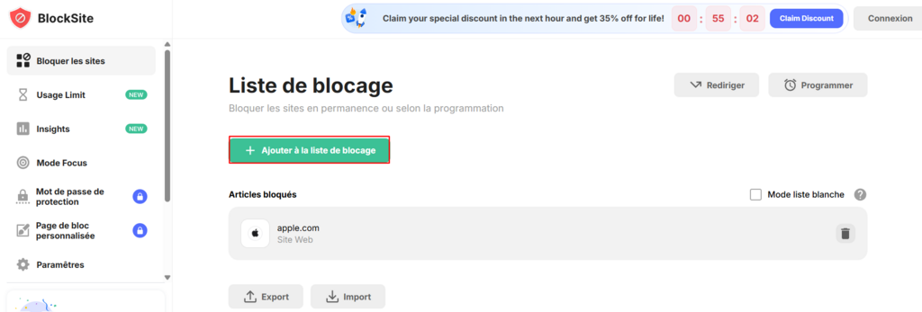 Le bouton Ajouter à la liste de blocage sur le tableau de bord de Blocksite