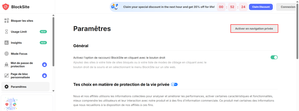 Paramètres BlockSite avec le bouton « Activer en navigation privée » mis en surbrillance