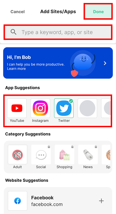 Version mobile de BlockSite où vous ajoutez des sites Web à la liste de blocage