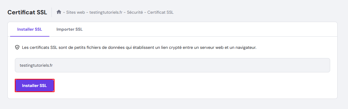 Le menu des certificats SSL dans hPanel, mettant en évidence le bouton Installer SSL