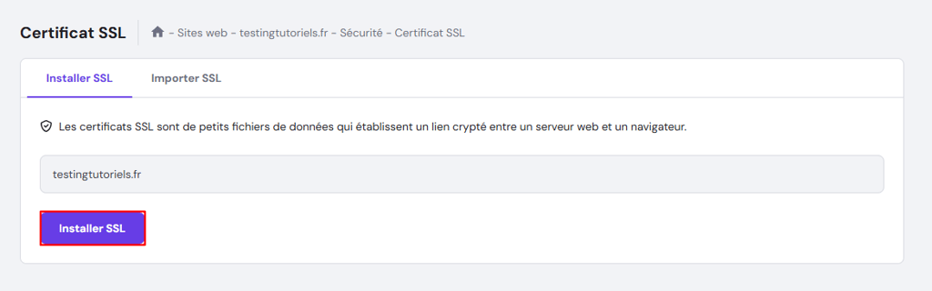 Le menu des certificats SSL dans hPanel, mettant en &eacute;vidence le bouton Installer SSL