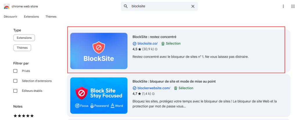 Résultats de recherche BlockSite dans le Chrome Web Store