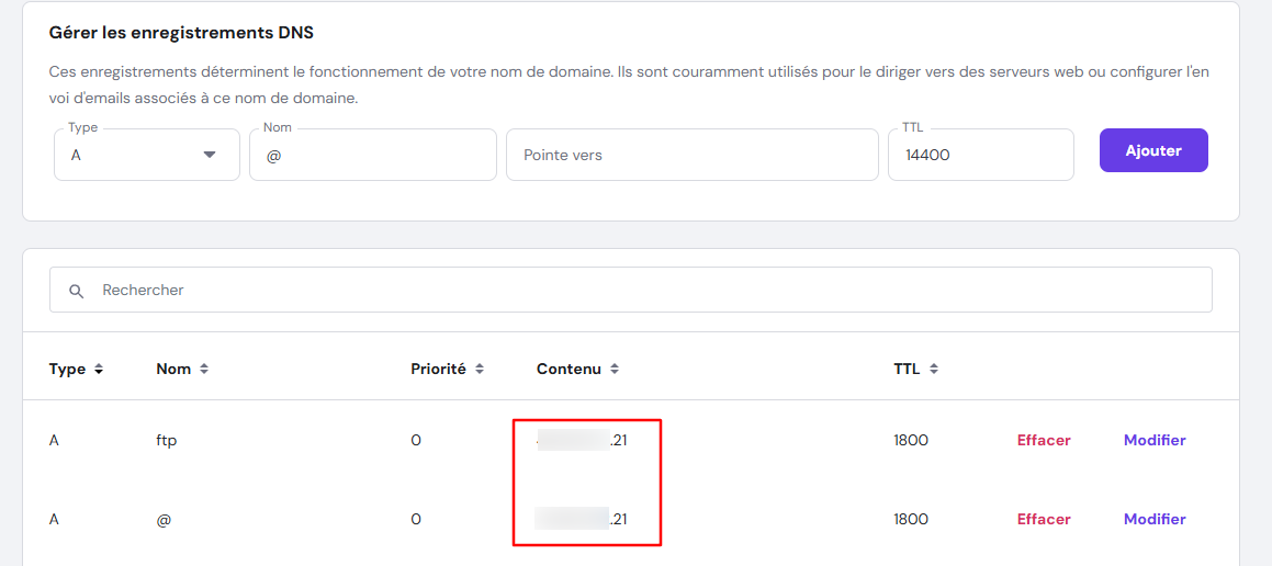 Éditeur de zone DNZ sur hPanel avec les adresses IP mises en évidence