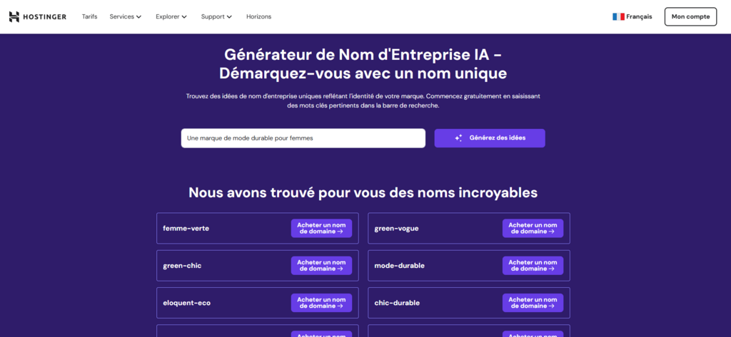 G&eacute;n&eacute;rateur de nom d'entreprise Hostinger IA, affichant des id&eacute;es de noms d'entreprise bas&eacute;es sur la description saisie