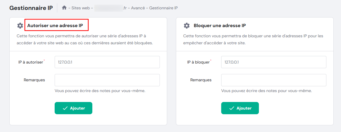 Gestionnaire d'adresses IP de hPanel