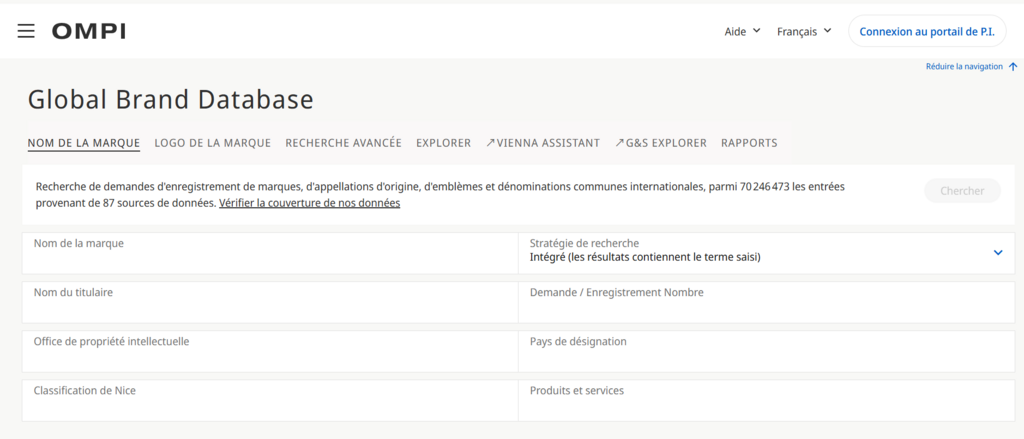 Base de données mondiale des marques de l'Organisation mondiale de la propriété intellectuelle (OMPI)
