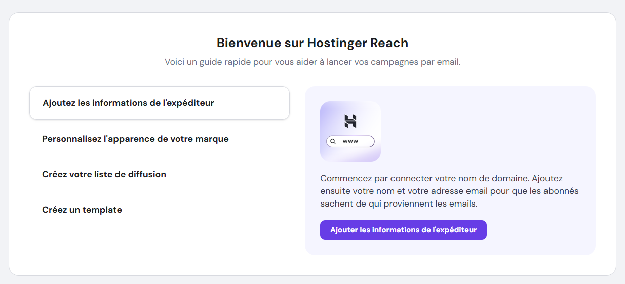 Tableau de bord Hostinger Reach