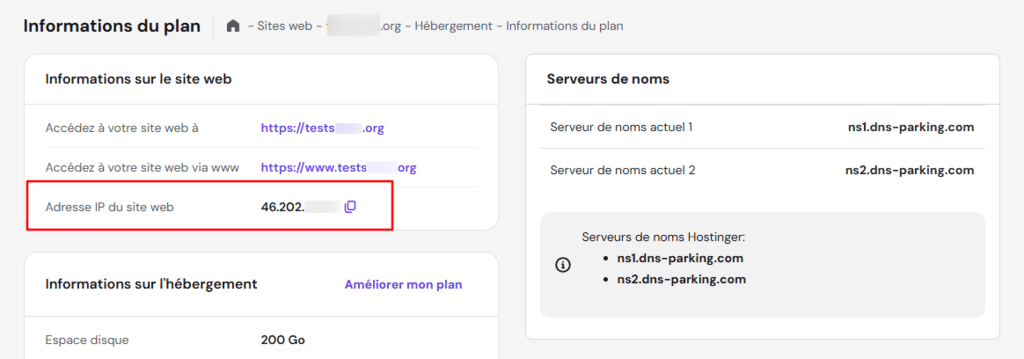 Détails du plan Hostinger, avec l'adresse IP du site web en surbrillance.