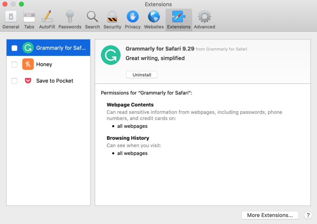 Extensions sur Safari.