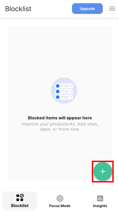 Écran d'accueil de BlockSite mobile avec le bouton vert +