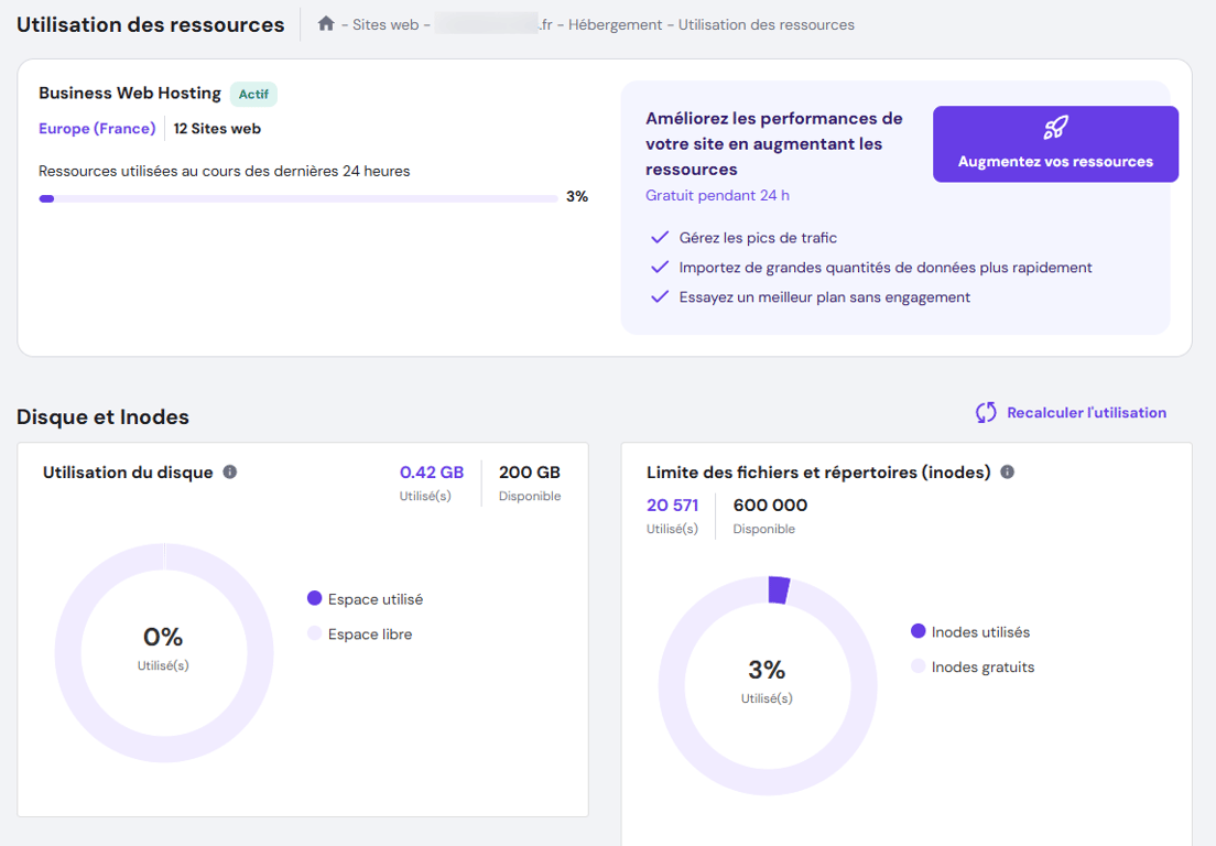 La page Utilisation des ressources sur hPanel
