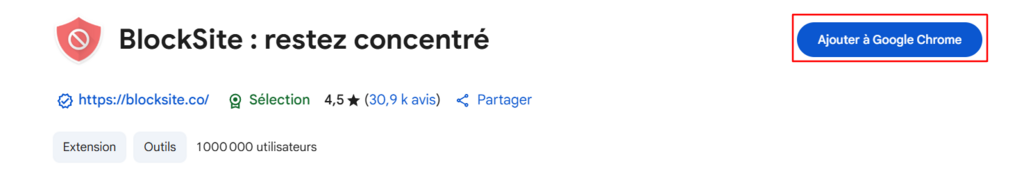 Page de téléchargement de l'extension BlockSite pour Chrome