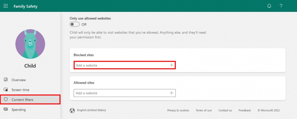 Ajouter des sites bloqués à un compte enfant Microsoft