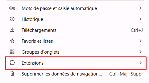 L'option Extensions dans le menu déroulant de Google Chrome