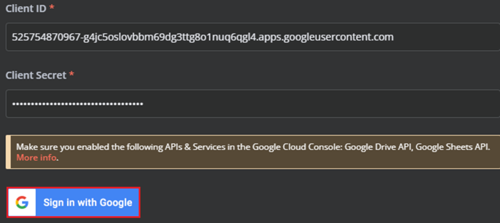 Option Se connecter avec Google mise en surbrillance qui apparaît une fois que l'ID client et la clé secrète client ont été saisis.