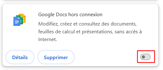 Le bouton bascule permettant de désactiver les extensions du navigateur Chrome
