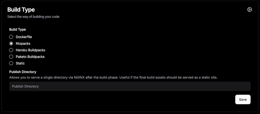 Liste des types de build Dokploy dans le menu de déploiement