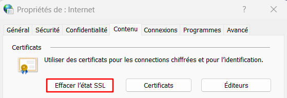 L'onglet Contenu du menu Propriétés Internet, avec le bouton Effacer l'état SSL en surbrillance