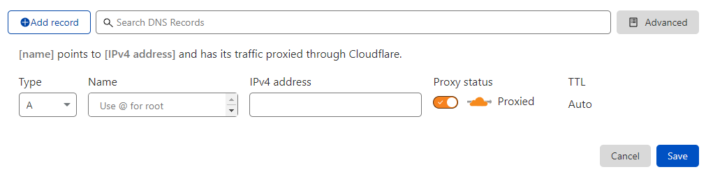 Enregistrements DNS sur Cloudflare.