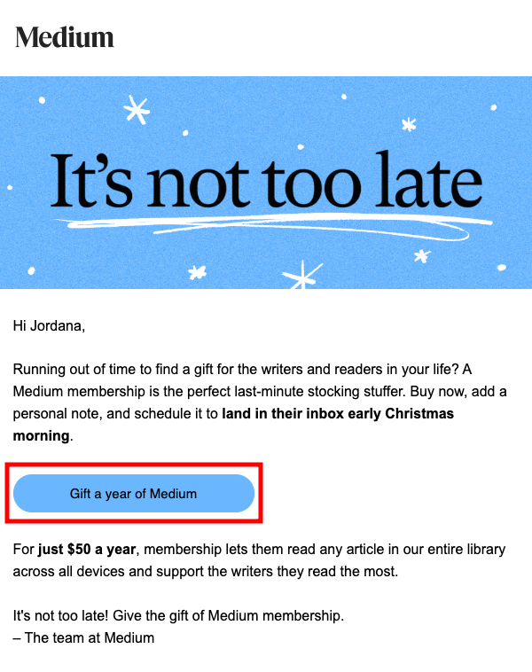 Exemple d'appel à l'action dans un e-mail de Medium