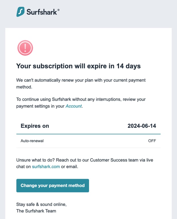 Exemple d'e-mail déclenché par un comportement, envoyé par Surfshark
