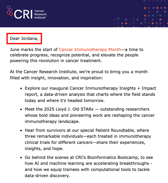 Exemple de contenu dynamique dans un e-mail envoyé par le Cancer Research Institute