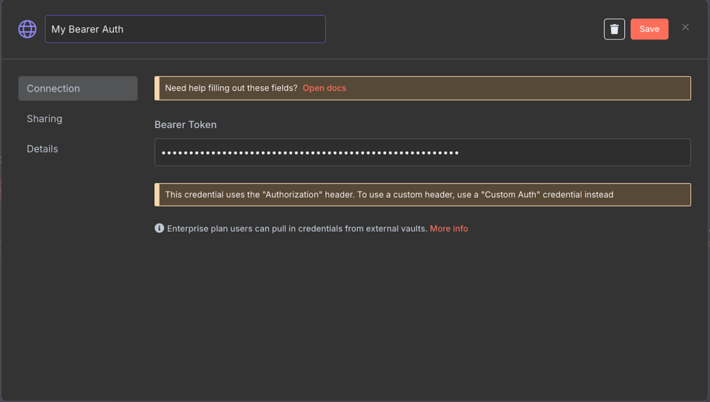 Fenêtre de configuration de l'authentification par jeton Bearer dans n8n