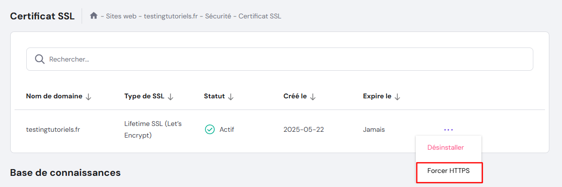 Le menu SSL sur hPanel avec l'option Forcer HTTPS mise en évidence