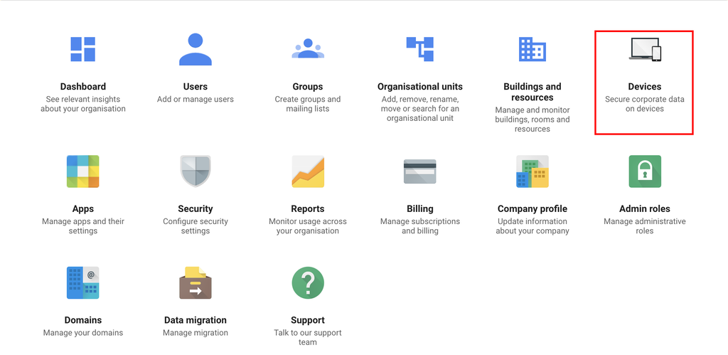 Tableau de bord de la console d'administration Google avec l'option Appareils mise en surbrillance