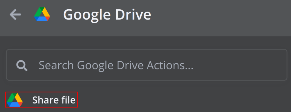 Liste d'actions n8n Google Drive avec &laquo; Partager le fichier &raquo; mis en surbrillance