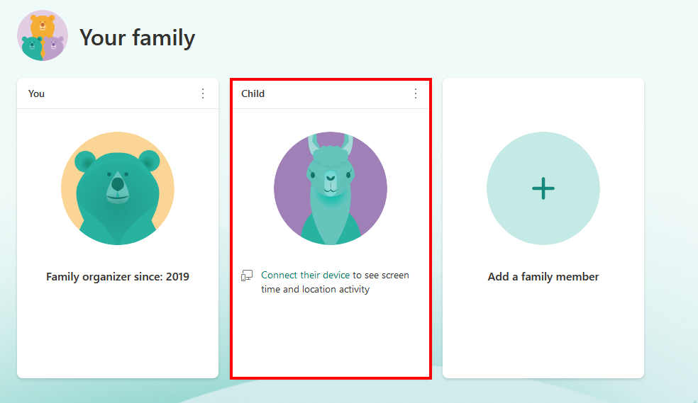 Page du compte Microsoft avec le compte enfant mis en surbrillance