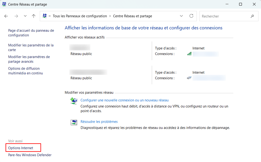 Menu Centre R&eacute;seau et partage Windows avec Options Internet mise en surbrillance