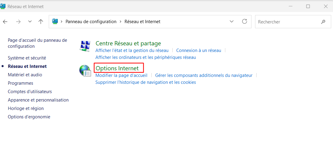 L'option Options Internet dans la fenêtre Réseau et Internet
